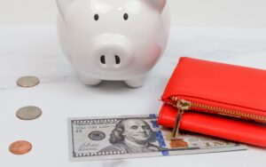 White piggy bank with red purse and a dollar note in the foreground